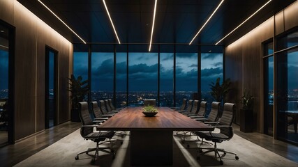 modern office conference room with aesthetic dark lighting and night cloud outside that promotes calm and relaxing environment