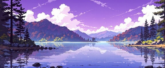 Wall Mural - Lake landscape purple background anime wallpaper illustration.