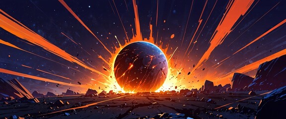 Wall Mural - Space planet exploding, futuristic landscape with glowing sphere bursts and rocks flying out in the dark, modern illustration.