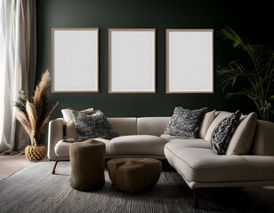 Mockup poster frame on the wall of living room. Luxurious apartment background with contemporary design. Modern interior design. Generative ai image