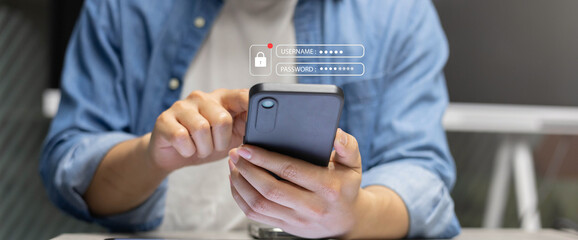 Wall Mural - close up man hand use smartphone for accessing privacy profile on account in online system by put us