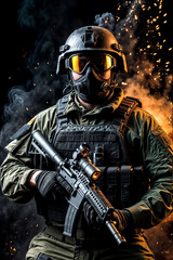 Wall Mural - Portrait of special forces soldier man in uniform of tactical Units of Police with weapon at dark black background. Explosion, smoke and fire sparks. Urban problems unrest concept. Copy ad text space