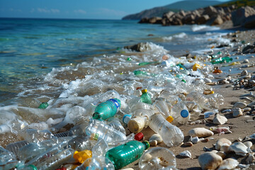 Poster - A pile of discarded plastic bottles on the beach