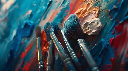 Wall Mural - Close-up of paintbrushes resting on a painting stand, showcasing the tools essential for bringing imagination to life on canvas.