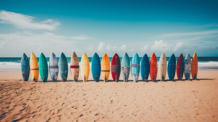 Summer vibes  colorful surfboards adorning a sun drenched beach, a vibrant scene of the season