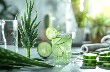 Wall Mural - Aloe fitted with cucumber juice, on white background. A glass of water is decorated with sliced green cucumbers and an un-cut plant next to it.