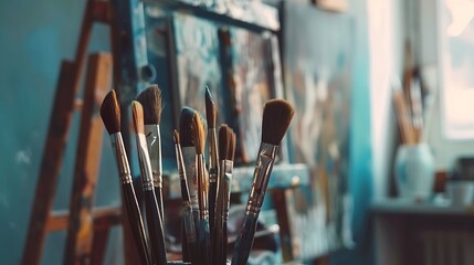 Wall Mural - Painting brushes neatly arranged on a wooden stand in an artist's studio