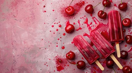 Wall Mural - Cherry ice cream popsicles from above with space for text