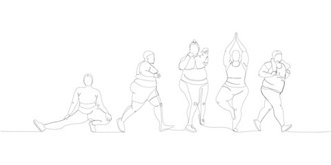 Wall Mural - body positive fitness set, sport for curvy ladies one line art. Continuous line drawing of body positive, overweight, plus size model, XL, health, fashion, self acceptance.