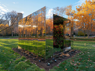 Poster - Modern reflective material cubes in an autumn city garden