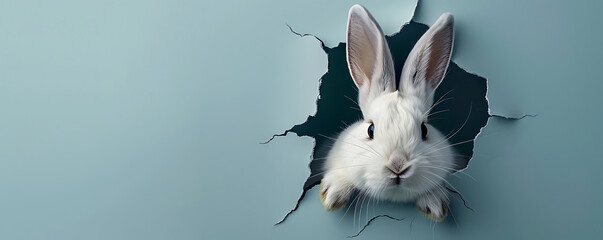 Wall Mural - Cute rabbit jumps out of a hole easter bunny poster peeking out of a hole in the wall with copy space for text.