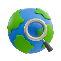 3D illustration of a globe with a magnifying glass, symbolizing global search or exploration.