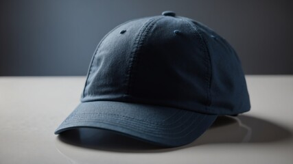 Sticker - a blue baseball cap on white table and plain background with dramatic lighting