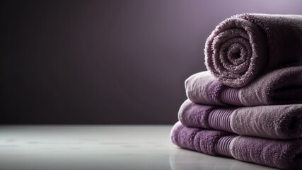 Wall Mural - stack of purple towel on white table and plain background with dramatic lighting