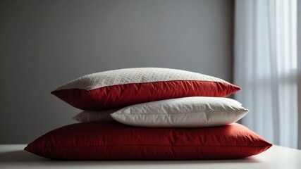 Wall Mural - stack of red pillow on white table and plain background with dramatic lighting