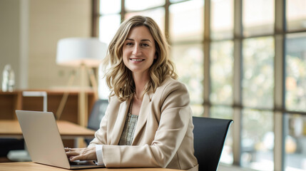 Wall Mural - Professional woman in a beige blazer, seated at a wooden desk with a laptop