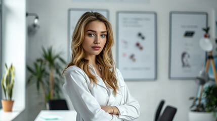 Poster - Russian businesswoman in a minimalist office with white walls and modern furniture