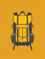 Aufkleber - A simple, yellow backpack sits against a minimalist yellow background, symbolizing the excitement and freedom of travel and adventure. Generative AI