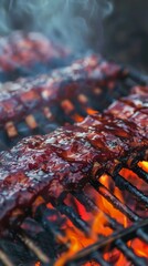 Wall Mural - Barbecue ribs grilling over open flames with smoke, close-up. Summer outdoor cooking and food concept