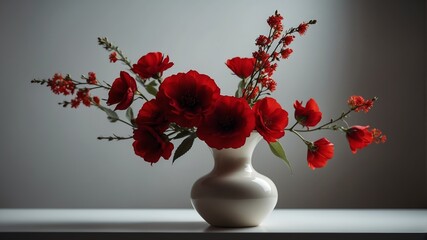 Wall Mural - vase with red flowers on white table and plain background with dramatic lighting