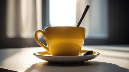 Wall Mural - yellow mug on white table and plain background with dramatic lighting