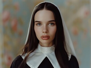 Canvas Print - Medium shot of young woman wearing nun clothing, themed background, 