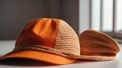 a orange hat on white table and plain background with dramatic lighting