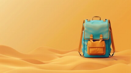 Aufkleber - A minimalist illustration of a blue backpack sitting on a sandy desert landscape, symbolizing travel and adventure. Generative AI