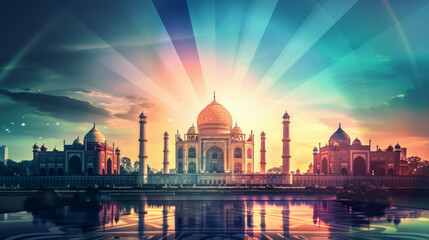 Taj Mahal with sun rays and colorful sky. Digital art illustration for design and print designed for a Republic Day poster. 