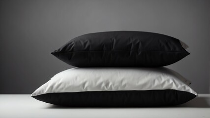 Wall Mural - stack of black pillow on white table and plain background with dramatic lighting