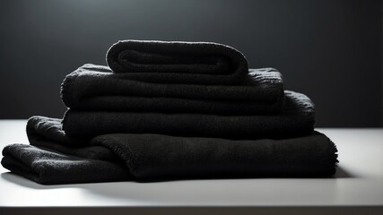 Wall Mural - stack of black towel on white table and plain background with dramatic lighting