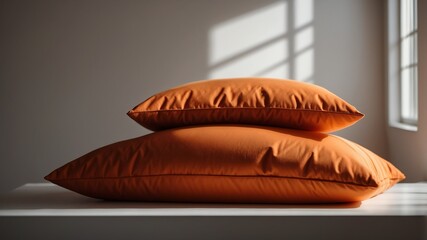 Wall Mural - stack of orange pillow on white table and plain background with dramatic lighting