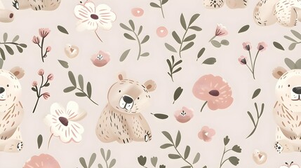 Cute Bear and Floral Pattern Seamless Repeat Illustration 