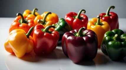 Wall Mural - bunch of colorful bell pepper on white table and plain background with dramatic lighting