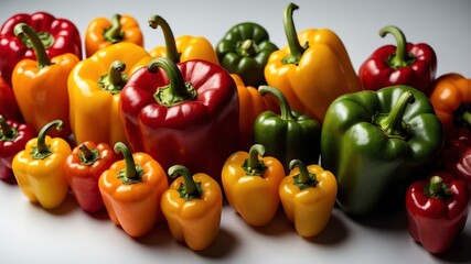 Wall Mural - bunch of colorful bell pepper on white table and plain background with dramatic lighting