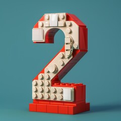 A Red and White Lego Number Two Constructed on a Teal Background