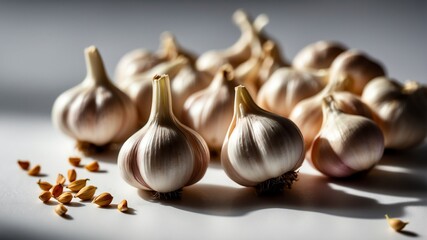 Wall Mural - bunch of garlic clove on white table and plain background with dramatic lighting