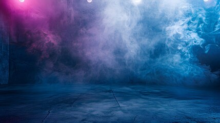 Abstract technology background, Empty dark cement floor, studio room with smoke floating up the interior texture, wall background, spotlights, laser light, digital future technology concept.