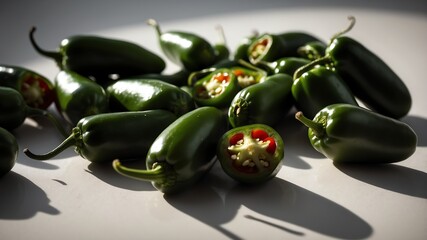 Wall Mural - bunch of jalapeno on white table and plain background with dramatic lighting