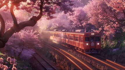 Wall Mural - A serene train ride surrounded by blooming cherry blossom trees.