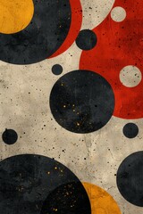 Wall Mural - Abstract Geometric Pattern With Black, Red, Yellow, and White Circles on a Distressed Concrete Background