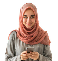 smiling woman in hijab holding a cell phone on isolated transparent background