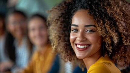 Wall Mural - Happy multi-ethnic business people sit together in the office, laughing and smiling while listening to a close-up portrait of a lecture or training session