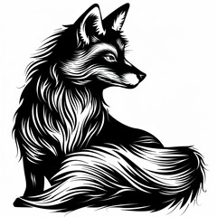 A black and white drawing of a fox with a long tail
