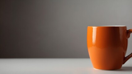 Wall Mural - orange mug on white table and plain background with dramatic lighting