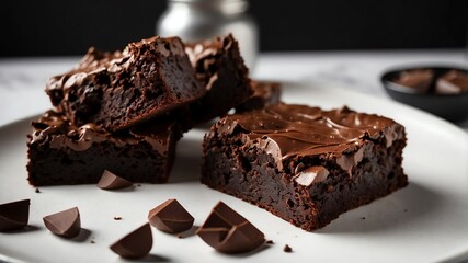 Wall Mural - double chocolate chunk brownie on white table and plain background with dramatic lighting