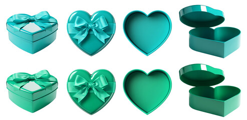 Wall Mural - 2 Set of turquoise blue green gift present heart love shape box with bow ribbon on transparent cutout PNG. Mockup template for design. perspective open close top side flat lay view different angle