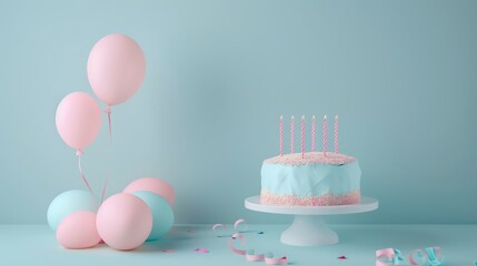 Minimal happy birthday cake with lit candle and colorful balloons in pastel pink and blue colors, elegant wall backdrop with ample copy space for text, ideal for valentine's day, surprise parties, and