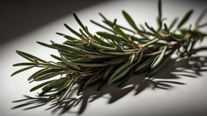 Wall Mural - bunch of rosemary leaves on white table and plain background with dramatic lighting