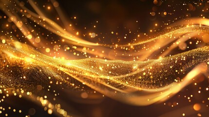 Wall Mural - Abstract of Gold glitter particles magic bright sparks in wave motion,Abstract golden wave on a black background,Festive abstract golden bokeh background
